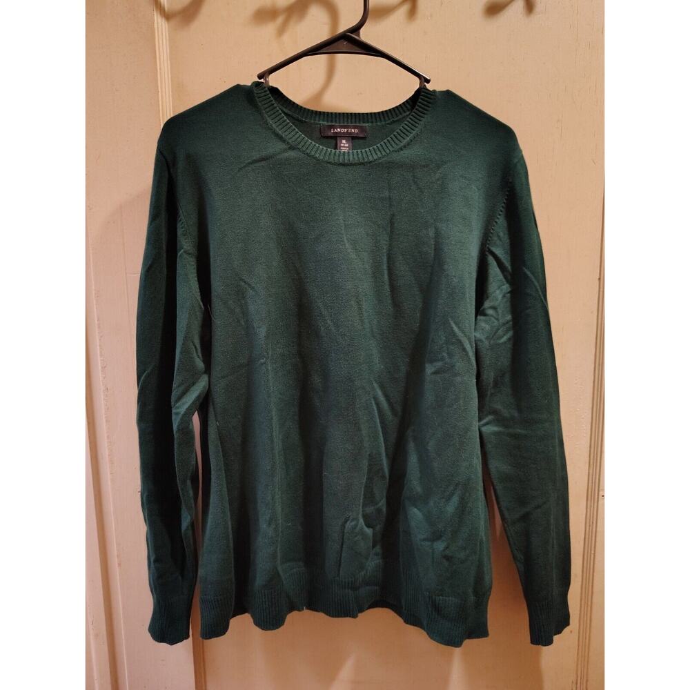 Vintage Lands End Womens Sz XL Green Pullover Sweater Wool Blend V-Neck